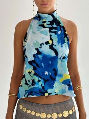 Sleeveless Halter Blue Abstract Print Tank Top